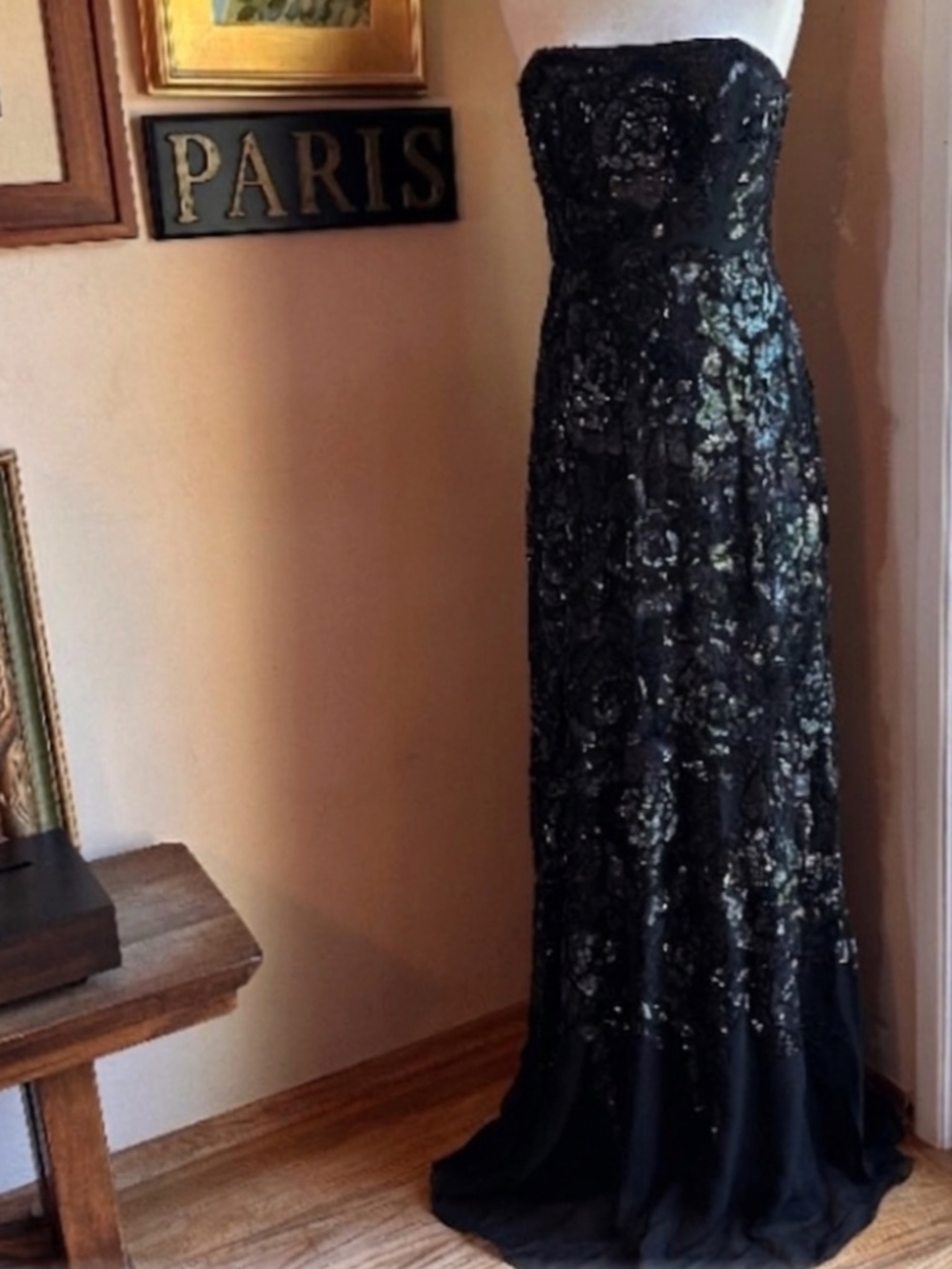 NWT Badgley Mischka Collection Strapless Silk Sequined Floor Evening Gown